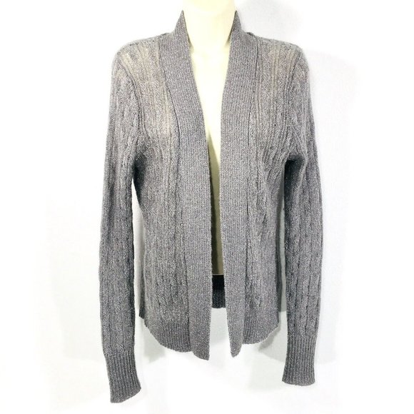 BANANA REPUBLIC Open Front Cardigan Sweater Sz M Silver Gray Cable Knit Mohair - Picture 1 of 12